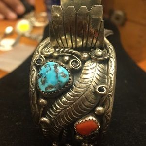 Native American turquoise  coral watch cuff
